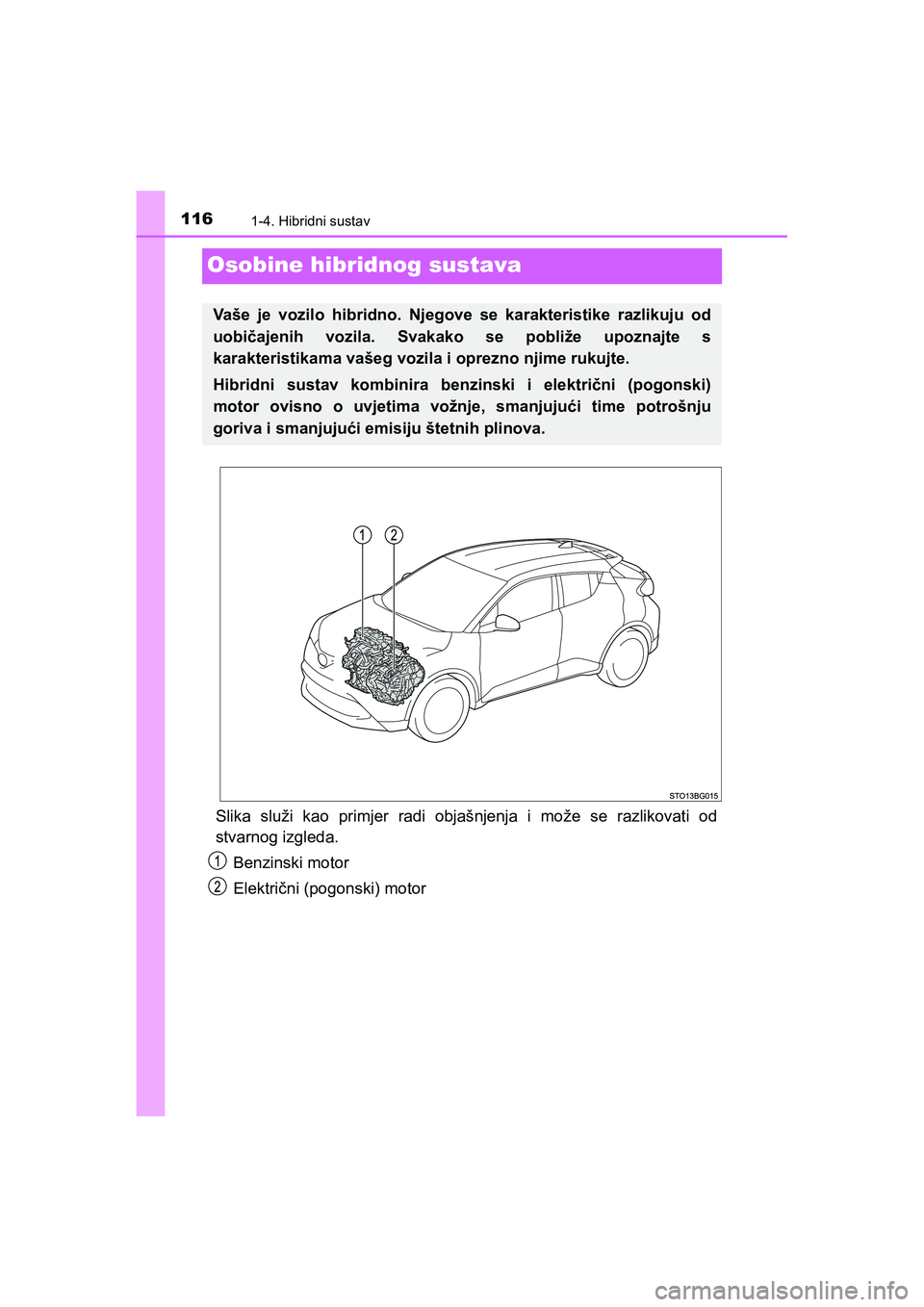 TOYOTA C-HR 2020 Upute Za Rukovanje (in Croatian) 1161-4. Hibridni sustav
C-HR_HV_OM_Europe_OM10647E
Osobine hibridnog sustava
Slika služi kao primjer radi objašnjenja i može se razlikovati od
stvarnog izgleda.
Benzinski motor
Električni (pogonsk TOYOTA C-HR 2020 Upute Za Rukovanje (in Croatian) 1161-4. Hibridni sustav
C-HR_HV_OM_Europe_OM10647E
Osobine hibridnog sustava
Slika služi kao primjer radi objašnjenja i može se razlikovati od
stvarnog izgleda.
Benzinski motor
Električni (pogonsk