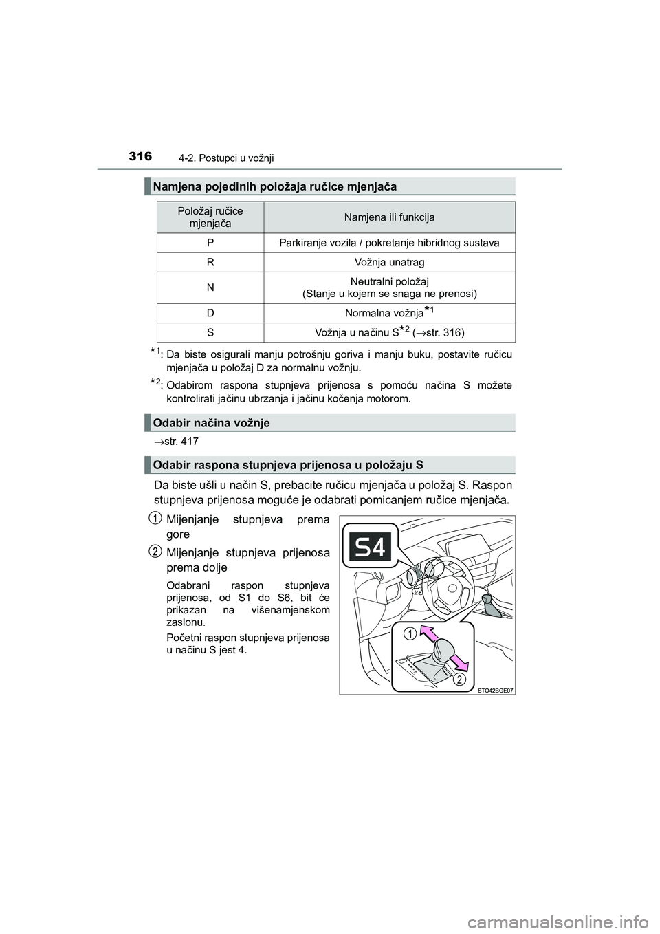 TOYOTA C-HR 2020 Upute Za Rukovanje (in Croatian) 3164-2. Postupci u vožnji
C-HR_HV_OM_Europe_OM10647E
*1: Da biste osigurali manju potrošnju goriva i manju buku, postavite ručicu
mjenjača u položaj D za normalnu vožnju.
*2: Odabirom raspona st TOYOTA C-HR 2020 Upute Za Rukovanje (in Croatian) 3164-2. Postupci u vožnji
C-HR_HV_OM_Europe_OM10647E
*1: Da biste osigurali manju potrošnju goriva i manju buku, postavite ručicu
mjenjača u položaj D za normalnu vožnju.
*2: Odabirom raspona st