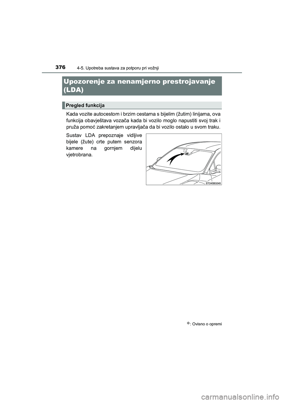 TOYOTA C-HR 2020 Upute Za Rukovanje (in Croatian) 3764-5. Upotreba sustava za potporu pri vožnji
C-HR_HV_OM_Europe_OM10647E
Upozorenje za nenamjerno prestrojavanje
(LDA)
Kada vozite autocestom i brzim cestama s bijelim (žutim) linijama, ova
funkci TOYOTA C-HR 2020 Upute Za Rukovanje (in Croatian) 3764-5. Upotreba sustava za potporu pri vožnji
C-HR_HV_OM_Europe_OM10647E
Upozorenje za nenamjerno prestrojavanje
(LDA)
Kada vozite autocestom i brzim cestama s bijelim (žutim) linijama, ova
funkci