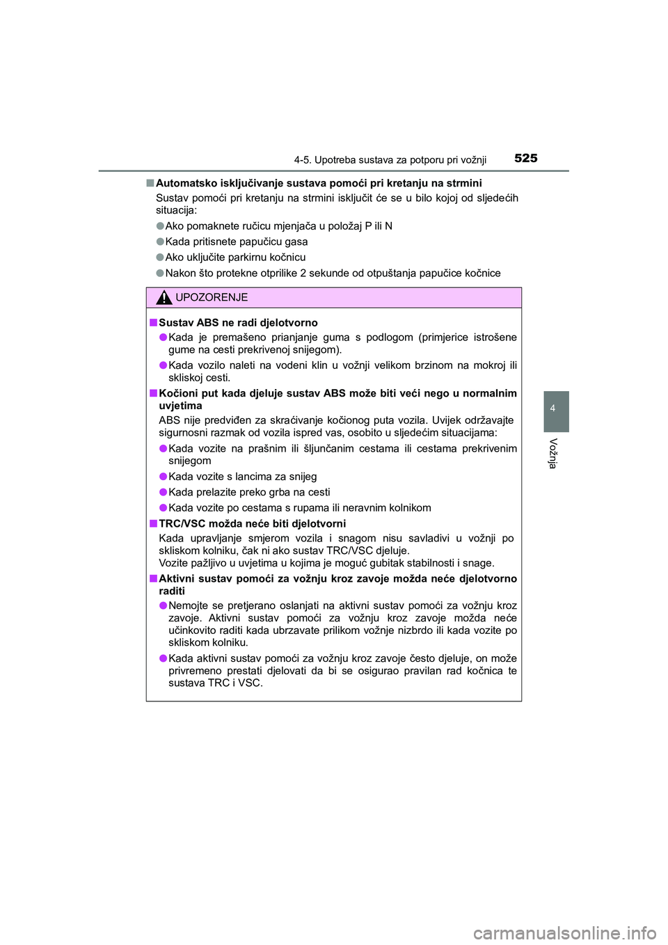 TOYOTA C-HR 2020 Upute Za Rukovanje (in Croatian) 5254-5. Upotreba sustava za potporu pri vožnji
4
Vožnja
C-HR_HV_OM_Europe_OM10647E■Automatsko isključivanje sustava pomoći pri kretanju na strmini
Sustav pomoći pri kretanju na strmini isključ TOYOTA C-HR 2020 Upute Za Rukovanje (in Croatian) 5254-5. Upotreba sustava za potporu pri vožnji
4
Vožnja
C-HR_HV_OM_Europe_OM10647E■Automatsko isključivanje sustava pomoći pri kretanju na strmini
Sustav pomoći pri kretanju na strmini isključ