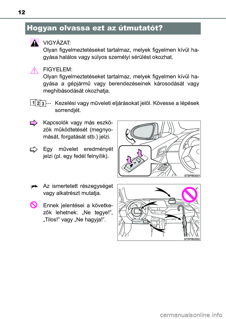 TOYOTA C-HR 2020 Kezelési útmutató (in Hungarian) 12
Hogyan olvassa ezt az útmutatót?
VIGYÁZAT:
Olyan figyelmeztetéseket tartalmaz, melyek figyelmen kívül ha-
gyása halálos vagy súlyos s zemélyi sérülést okozhat.
FIGYELEM:
Olyan TOYOTA C-HR 2020 Kezelési útmutató (in Hungarian) 12
Hogyan olvassa ezt az útmutatót?
VIGYÁZAT:
Olyan figyelmeztetéseket tartalmaz, melyek figyelmen kívül ha-
gyása halálos vagy súlyos s zemélyi sérülést okozhat.
FIGYELEM:
Olyan