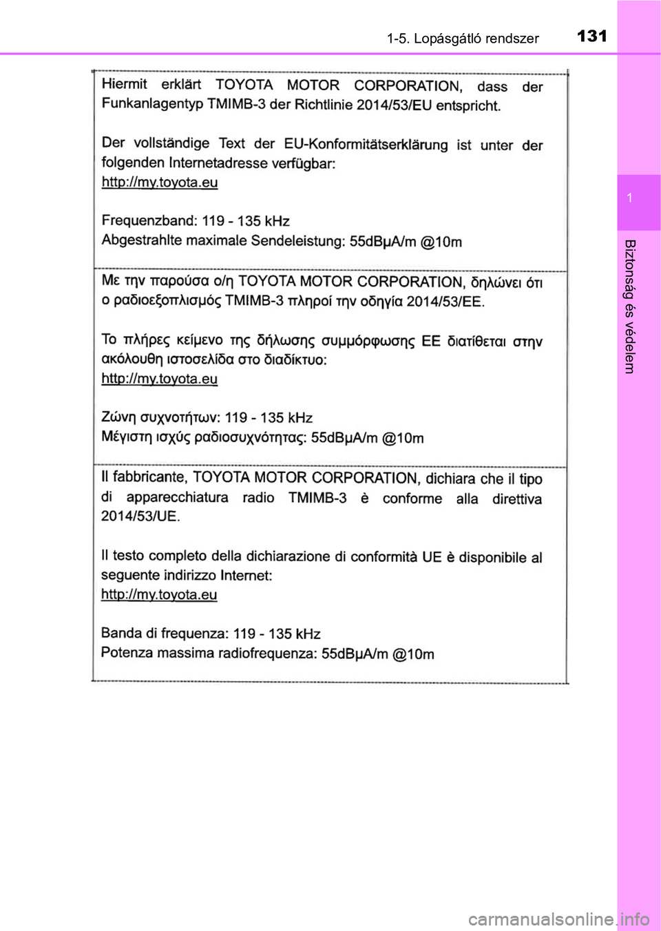 TOYOTA C-HR 2020  Kezelési útmutató (in Hungarian) 1311-5. Lopásgátló rendszer
1
Biztonság és védelem 