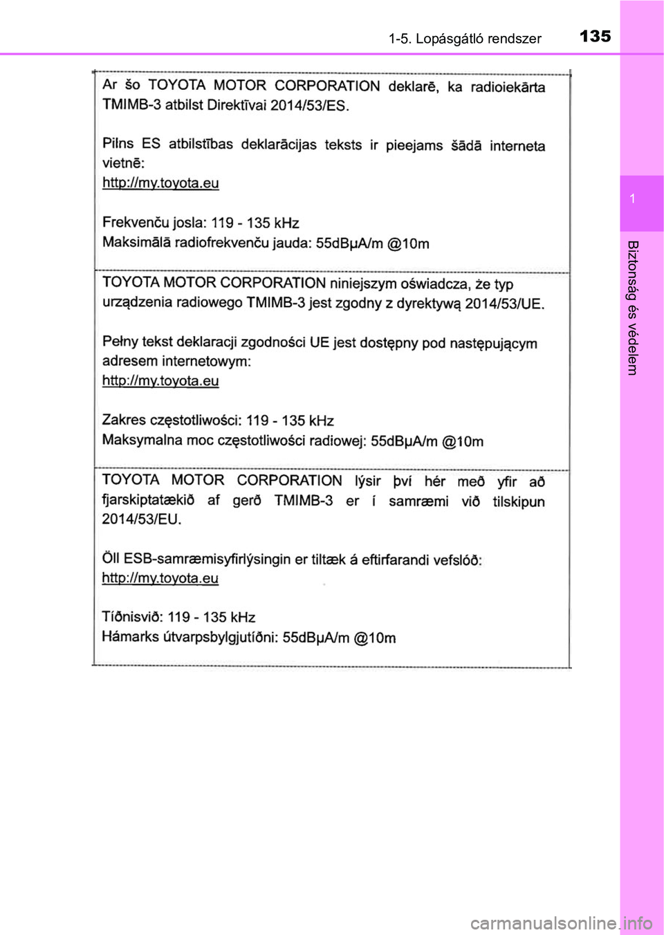 TOYOTA C-HR 2020  Kezelési útmutató (in Hungarian) 1351-5. Lopásgátló rendszer
1
Biztonság és védelem 