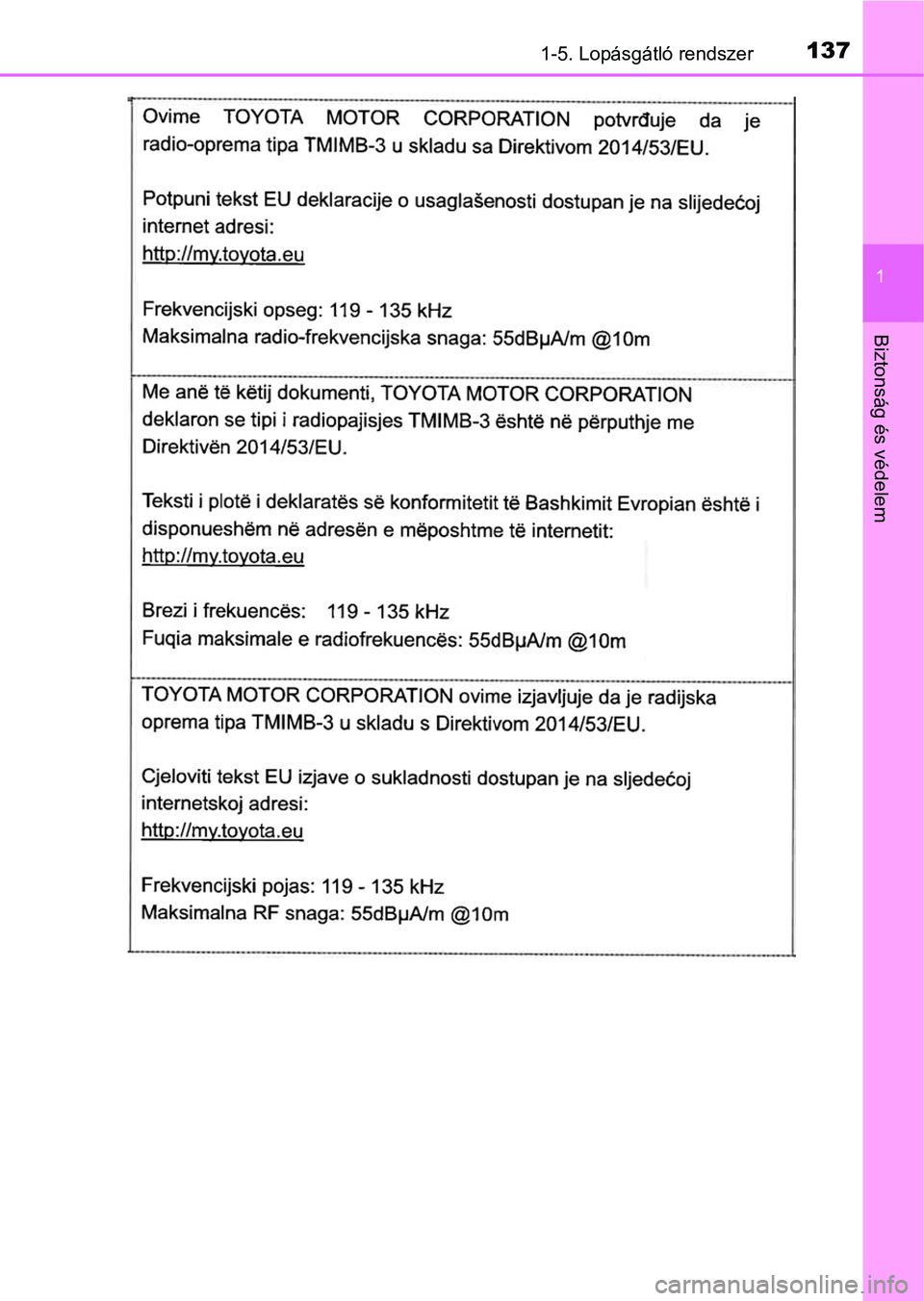 TOYOTA C-HR 2020  Kezelési útmutató (in Hungarian) 1371-5. Lopásgátló rendszer
1
Biztonság és védelem 