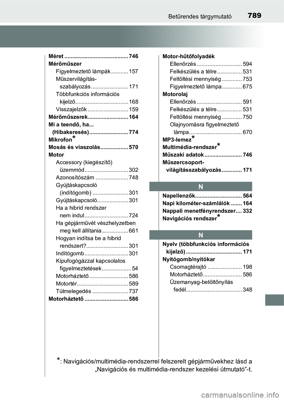 TOYOTA C-HR 2020  Kezelési útmutató (in Hungarian) 789Betűrendes tárgymutató
Méret ......................................... 746
MérőműszerFigyelmeztető lámpák ........... 157
Műszervilágítás-szabályozás ........................ 171
T