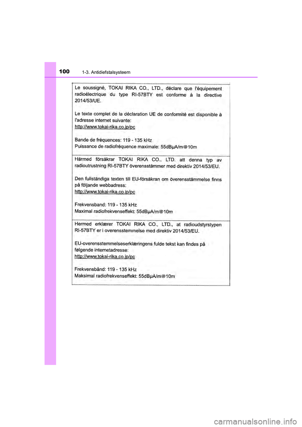 TOYOTA C-HR 2020  Instructieboekje (in Dutch) 1001-3. Antidiefstalsysteem
C-HR_OM_Europe_OM10636E
C-HR_OM_Europe_OM10636E.book  Page 100  Thursday, August 1, 2019  2:53 PM 