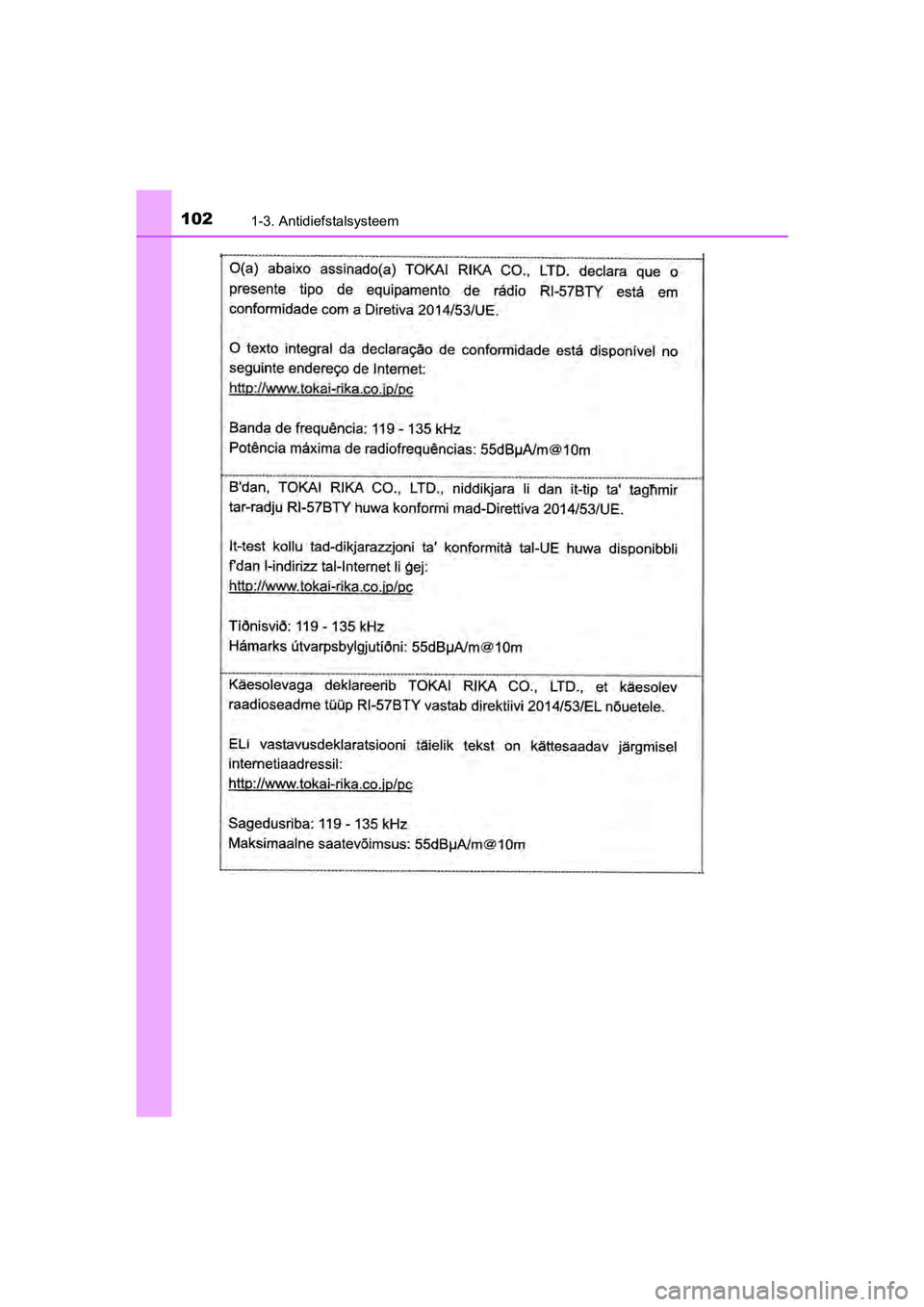 TOYOTA C-HR 2020  Instructieboekje (in Dutch) 1021-3. Antidiefstalsysteem
C-HR_OM_Europe_OM10636E
C-HR_OM_Europe_OM10636E.book  Page 102  Thursday, August 1, 2019  2:53 PM 