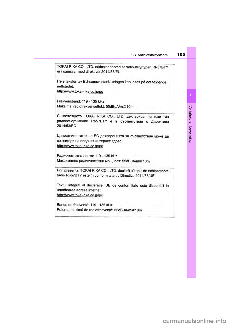 TOYOTA C-HR 2020  Instructieboekje (in Dutch) 1051-3. Antidiefstalsysteem
1
Veiligheid en beveiliging
C-HR_OM_Europe_OM10636E
C-HR_OM_Europe_OM10636E.book  Page 105  Thursday, August 1, 2019  2:53 PM 