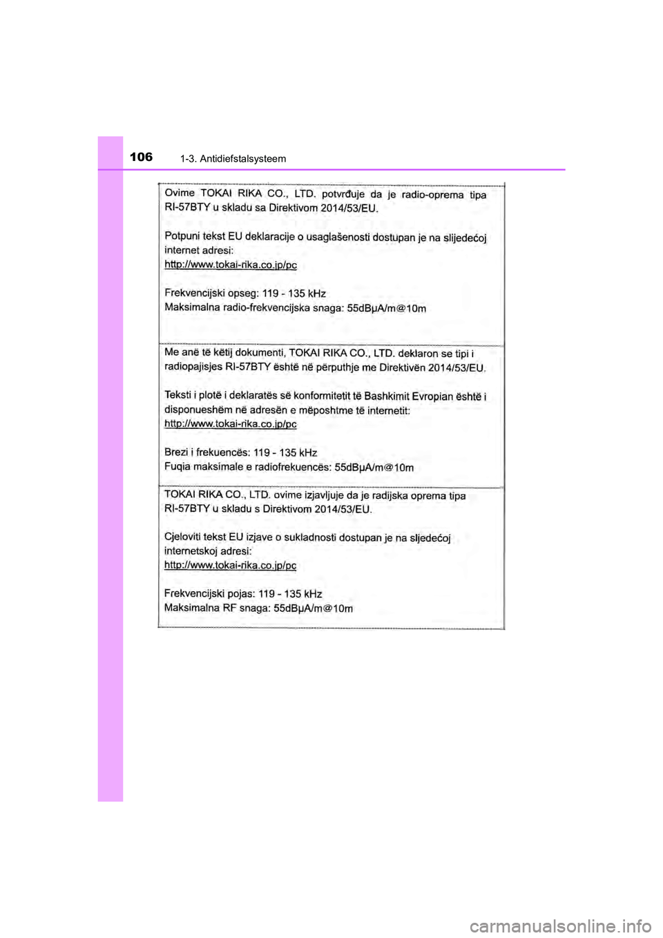 TOYOTA C-HR 2020  Instructieboekje (in Dutch) 1061-3. Antidiefstalsysteem
C-HR_OM_Europe_OM10636E
C-HR_OM_Europe_OM10636E.book  Page 106  Thursday, August 1, 2019  2:53 PM 