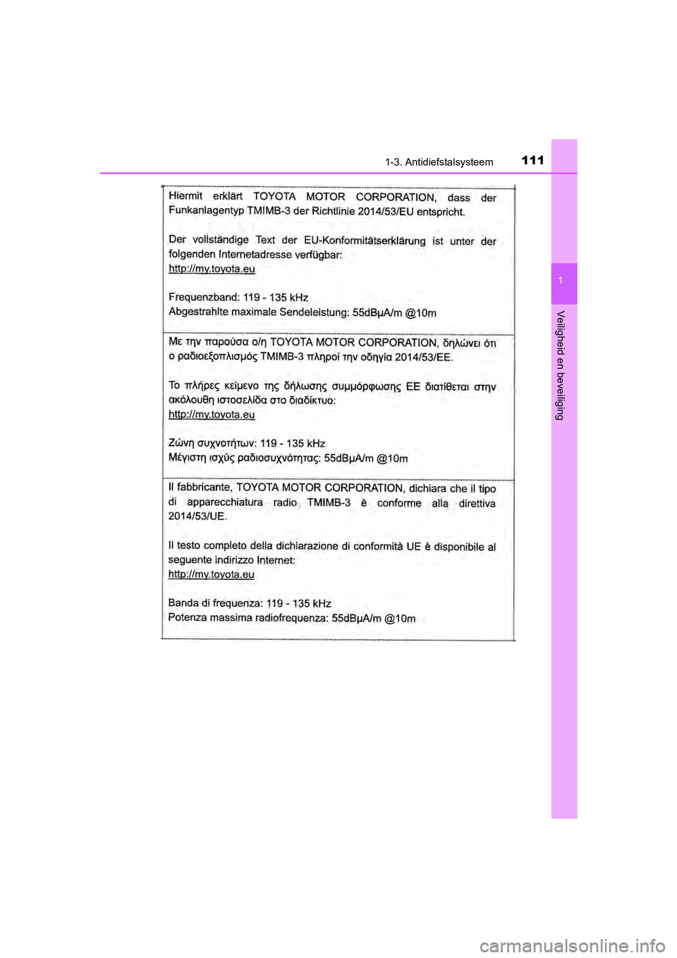 TOYOTA C-HR 2020  Instructieboekje (in Dutch) 1111-3. Antidiefstalsysteem
1
Veiligheid en beveiliging
C-HR_OM_Europe_OM10636E
C-HR_OM_Europe_OM10636E.book  Page 111  Thursday, August 1, 2019  2:53 PM 