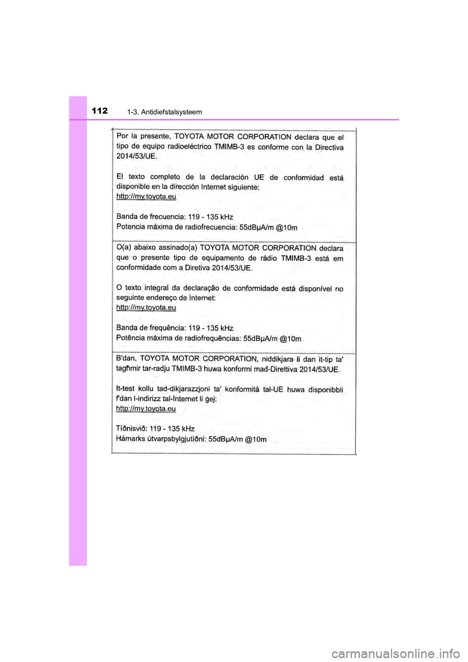 TOYOTA C-HR 2020  Instructieboekje (in Dutch) 1121-3. Antidiefstalsysteem
C-HR_OM_Europe_OM10636E
C-HR_OM_Europe_OM10636E.book  Page 112  Thursday, August 1, 2019  2:53 PM 