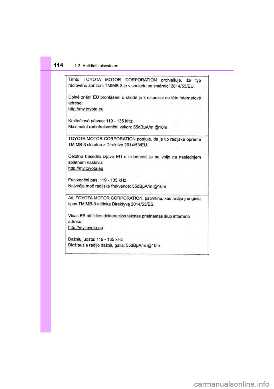 TOYOTA C-HR 2020  Instructieboekje (in Dutch) 1141-3. Antidiefstalsysteem
C-HR_OM_Europe_OM10636E
C-HR_OM_Europe_OM10636E.book  Page 114  Thursday, August 1, 2019  2:53 PM 