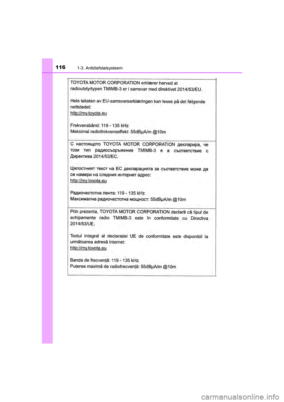 TOYOTA C-HR 2020  Instructieboekje (in Dutch) 1161-3. Antidiefstalsysteem
C-HR_OM_Europe_OM10636E
C-HR_OM_Europe_OM10636E.book  Page 116  Thursday, August 1, 2019  2:53 PM 