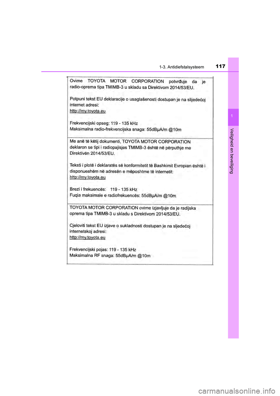 TOYOTA C-HR 2020  Instructieboekje (in Dutch) 1171-3. Antidiefstalsysteem
1
Veiligheid en beveiliging
C-HR_OM_Europe_OM10636E
C-HR_OM_Europe_OM10636E.book  Page 117  Thursday, August 1, 2019  2:53 PM 