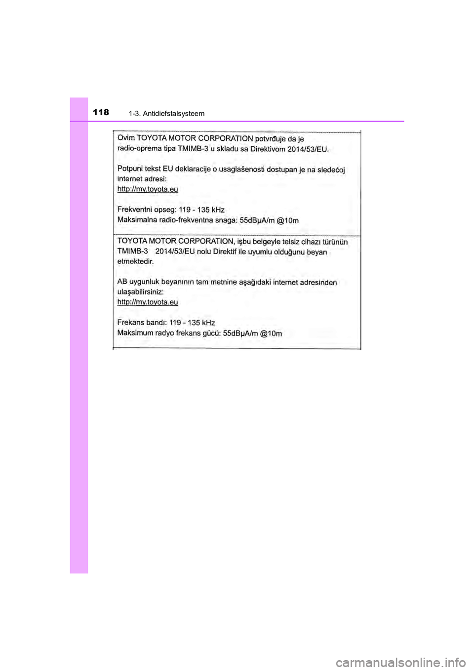 TOYOTA C-HR 2020  Instructieboekje (in Dutch) 1181-3. Antidiefstalsysteem
C-HR_OM_Europe_OM10636E
C-HR_OM_Europe_OM10636E.book  Page 118  Thursday, August 1, 2019  2:53 PM 