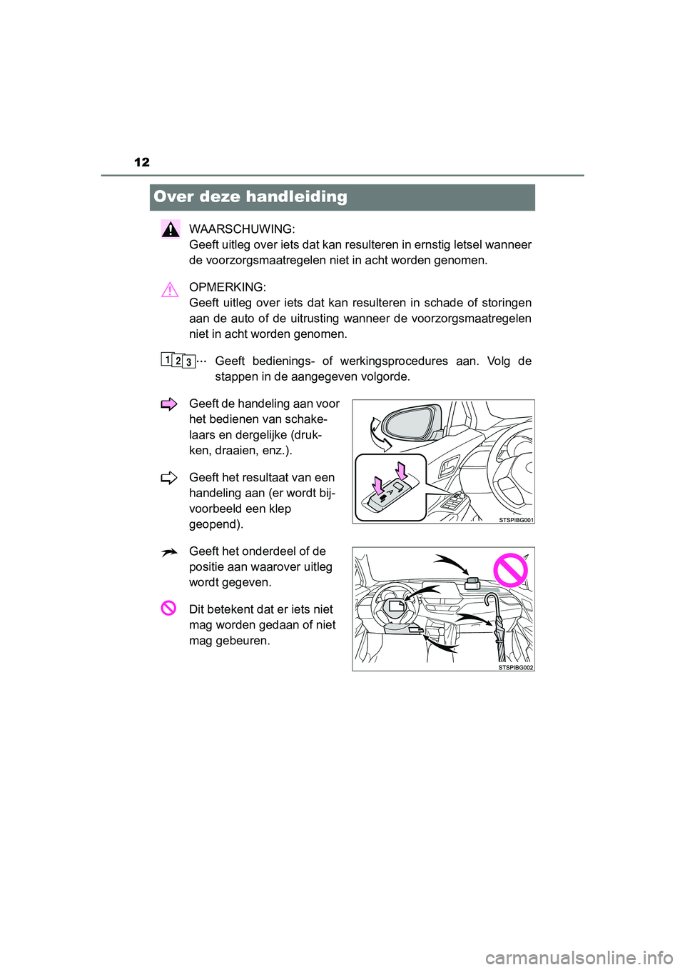 TOYOTA C-HR 2020  Instructieboekje (in Dutch) 12
C-HR_OM_Europe_OM10636E
Over deze handleiding
WAARSCHUWING: 
Geeft uitleg over iets dat kan resulteren in ernstig letsel wanneer
de voorzorgsmaatregelen niet in acht worden genomen.
OPMERKING: 
Gee