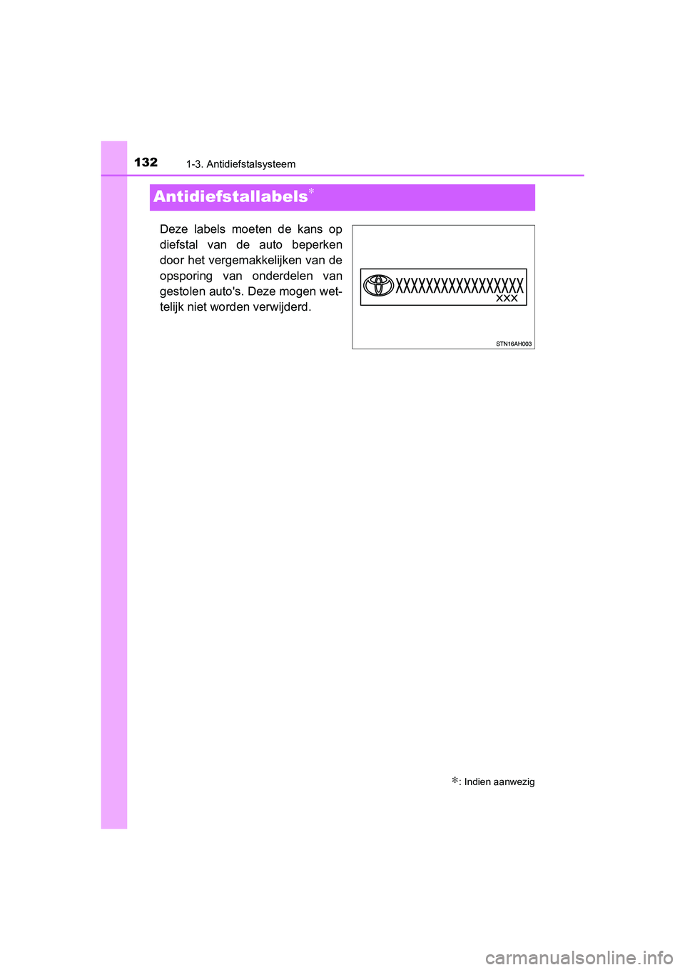 TOYOTA C-HR 2020 Instructieboekje (in Dutch) 1321-3. Antidiefstalsysteem
C-HR_OM_Europe_OM10636E
Antidiefstallabels∗
Deze labels moeten de kans op
diefstal van de auto beperken
door het vergemakkelijken van de
opsporing van onderdel TOYOTA C-HR 2020 Instructieboekje (in Dutch) 1321-3. Antidiefstalsysteem
C-HR_OM_Europe_OM10636E
Antidiefstallabels∗
Deze labels moeten de kans op
diefstal van de auto beperken
door het vergemakkelijken van de
opsporing van onderdel
