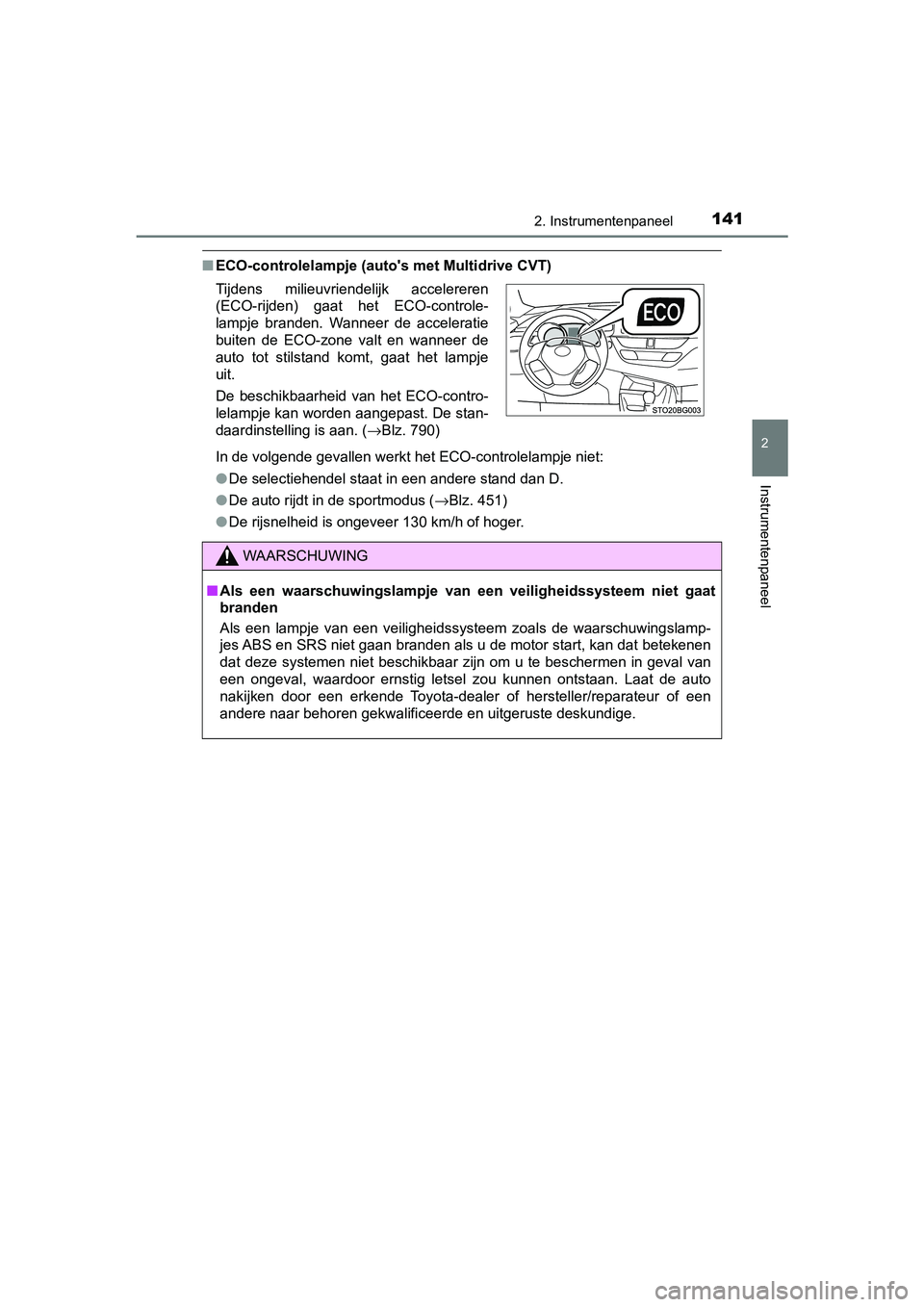 TOYOTA C-HR 2020 Instructieboekje (in Dutch) 1412. Instrumentenpaneel
2
Instrumentenpaneel
C-HR_OM_Europe_OM10636E
■ECO-controlelampje (auto's met Multidrive CVT)
In de volgende gevallen werkt het ECO-controlelampje niet:
●De selectiehen TOYOTA C-HR 2020 Instructieboekje (in Dutch) 1412. Instrumentenpaneel
2
Instrumentenpaneel
C-HR_OM_Europe_OM10636E
■ECO-controlelampje (auto's met Multidrive CVT)
In de volgende gevallen werkt het ECO-controlelampje niet:
●De selectiehen