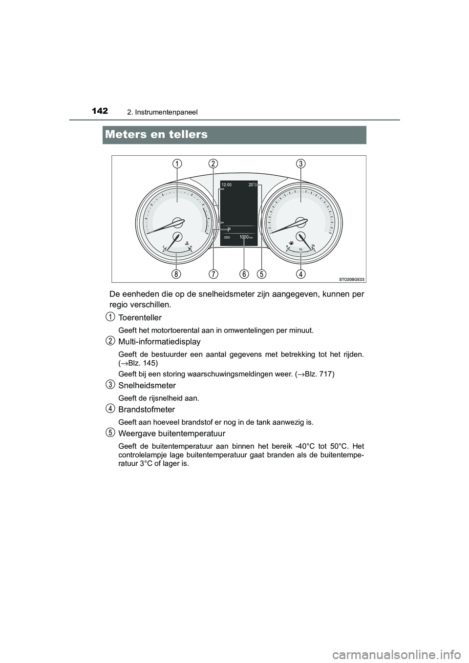 TOYOTA C-HR 2020  Instructieboekje (in Dutch) 1422. Instrumentenpaneel
C-HR_OM_Europe_OM10636E
Meters en tellers
De eenheden die op de snelheidsmeter zijn aangegeven, kunnen per
regio verschillen.
Toerenteller
Geeft het motortoerental aan in omwe