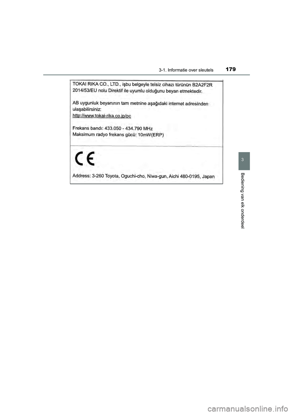 TOYOTA C-HR 2020  Instructieboekje (in Dutch) 1793-1. Informatie over sleutels
3
Bediening van elk onderdeel
C-HR_OM_Europe_OM10636E
C-HR_OM_Europe_OM10636E.book  Page 179  Thursday, August 1, 2019  2:53 PM 