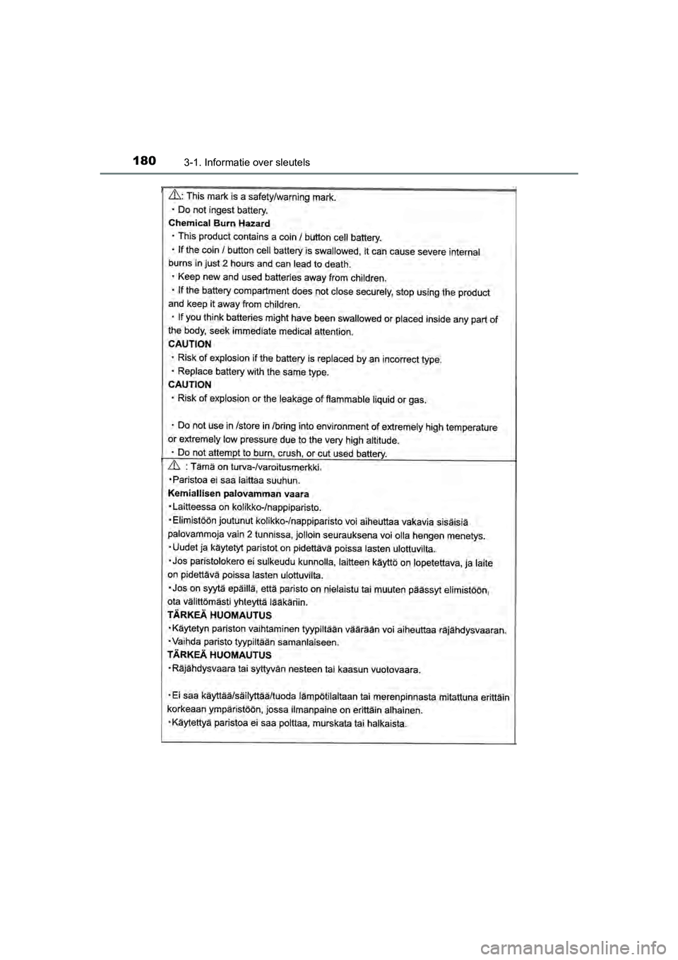 TOYOTA C-HR 2020  Instructieboekje (in Dutch) 1803-1. Informatie over sleutels
C-HR_OM_Europe_OM10636E
C-HR_OM_Europe_OM10636E.book  Page 180  Thursday, August 1, 2019  2:53 PM 