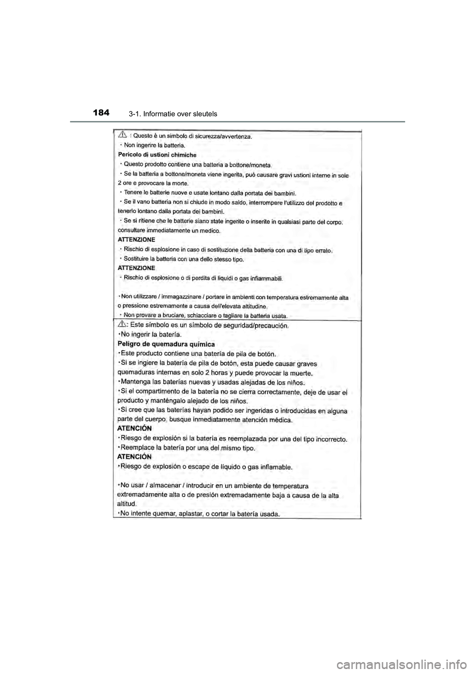 TOYOTA C-HR 2020  Instructieboekje (in Dutch) 1843-1. Informatie over sleutels
C-HR_OM_Europe_OM10636E
C-HR_OM_Europe_OM10636E.book  Page 184  Thursday, August 1, 2019  2:53 PM 