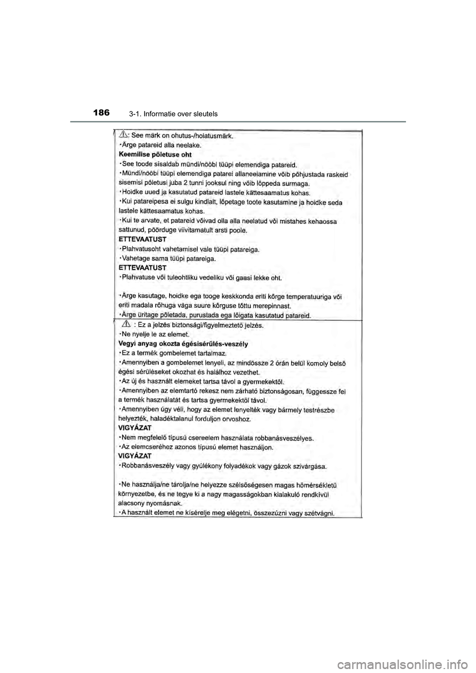 TOYOTA C-HR 2020  Instructieboekje (in Dutch) 1863-1. Informatie over sleutels
C-HR_OM_Europe_OM10636E
C-HR_OM_Europe_OM10636E.book  Page 186  Thursday, August 1, 2019  2:53 PM 
