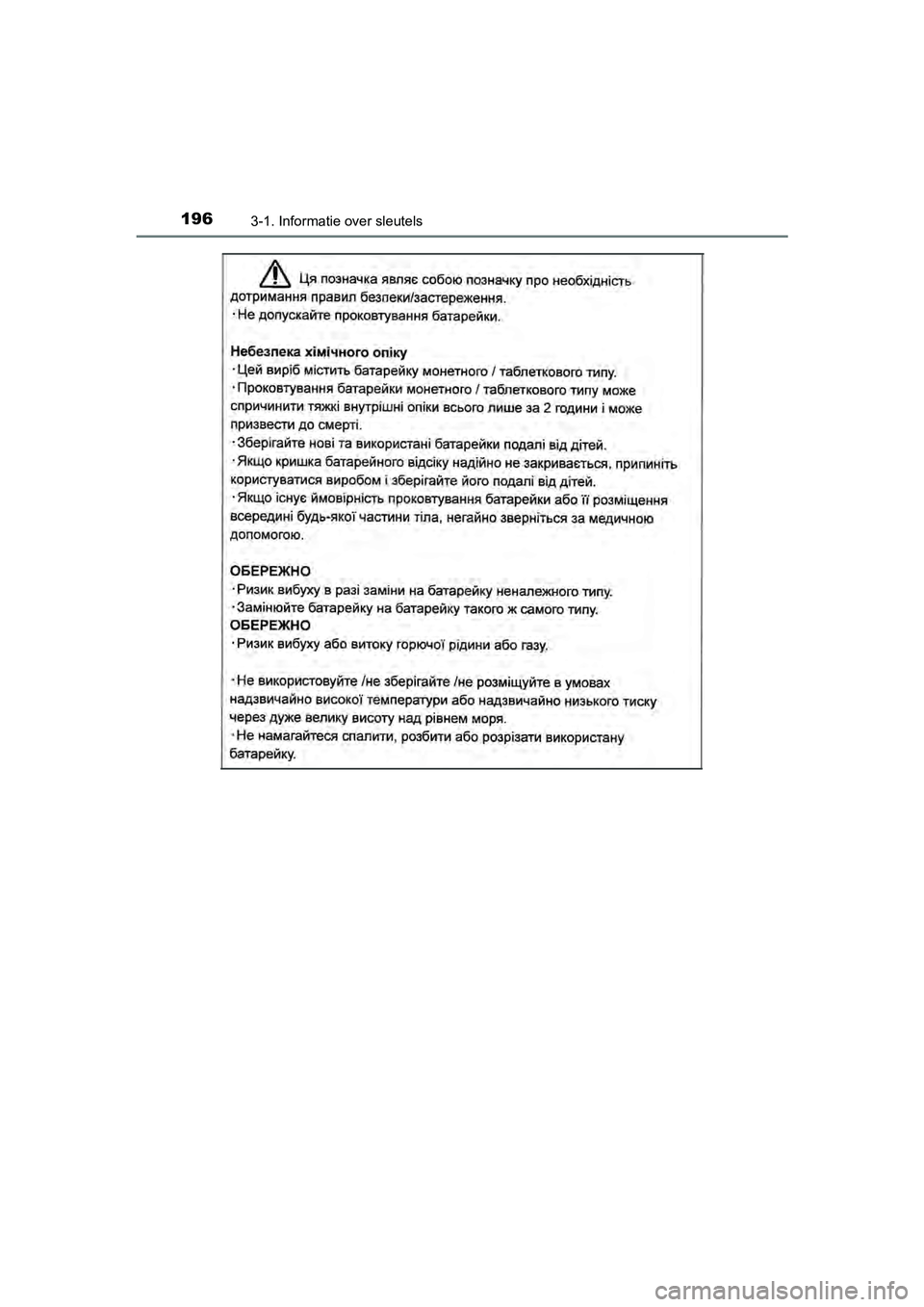 TOYOTA C-HR 2020  Instructieboekje (in Dutch) 1963-1. Informatie over sleutels
C-HR_OM_Europe_OM10636E
C-HR_OM_Europe_OM10636E.book  Page 196  Thursday, August 1, 2019  2:53 PM 