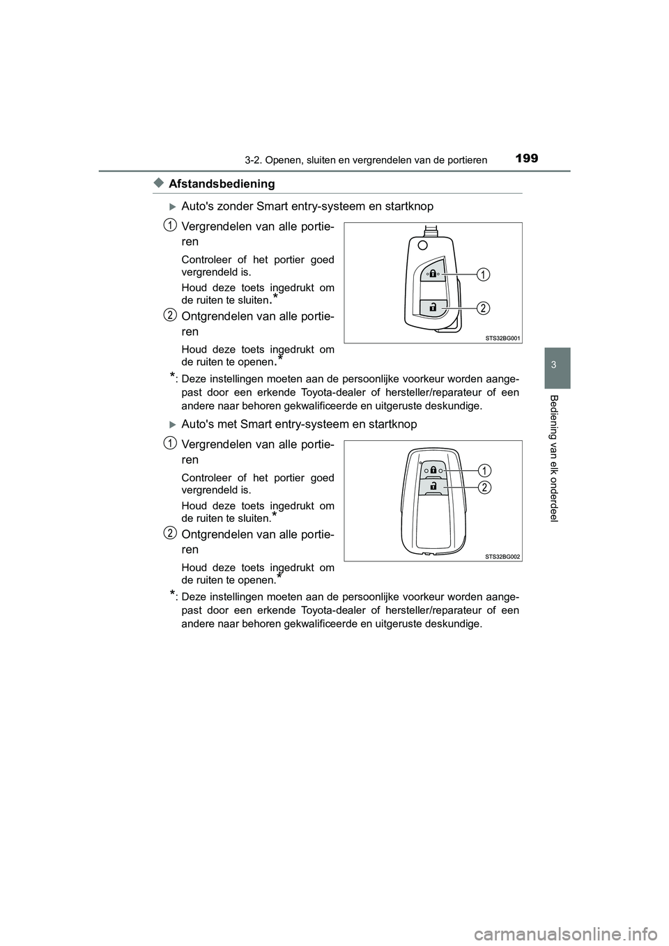 TOYOTA C-HR 2020 Instructieboekje (in Dutch) 1993-2. Openen, sluiten en vergrendelen van de portieren
3
Bediening van elk onderdeel
C-HR_OM_Europe_OM10636E
◆Afstandsbediening
Auto's zonder Smart entry-systeem en startknop
Vergrendelen TOYOTA C-HR 2020 Instructieboekje (in Dutch) 1993-2. Openen, sluiten en vergrendelen van de portieren
3
Bediening van elk onderdeel
C-HR_OM_Europe_OM10636E
◆Afstandsbediening
Auto's zonder Smart entry-systeem en startknop
Vergrendelen