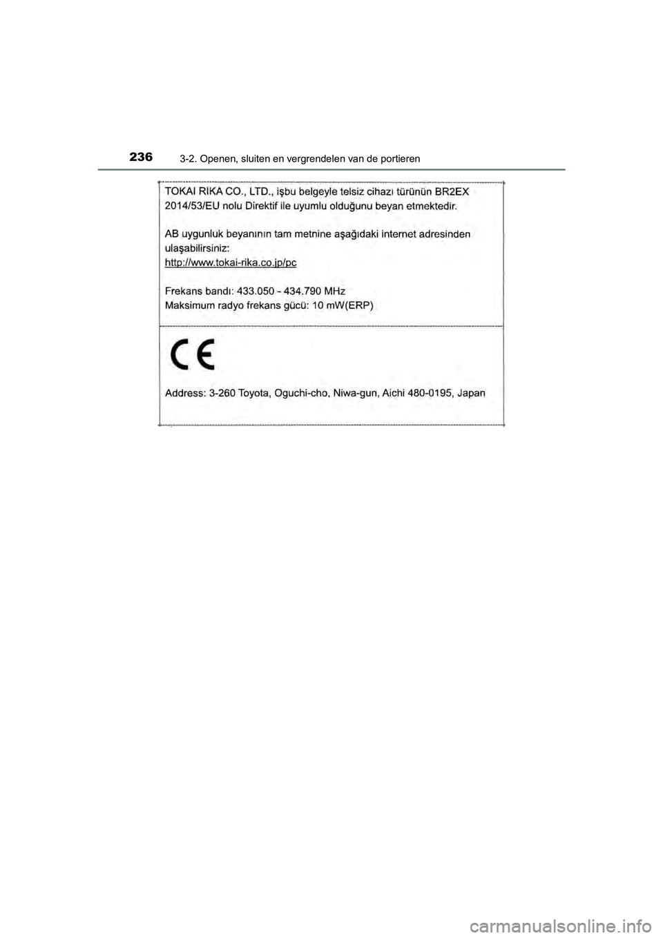 TOYOTA C-HR 2020  Instructieboekje (in Dutch) 2363-2. Openen, sluiten en vergrendelen van de portieren
C-HR_OM_Europe_OM10636E
C-HR_OM_Europe_OM10636E.book  Page 236  Thursday, August 1, 2019  2:53 PM 