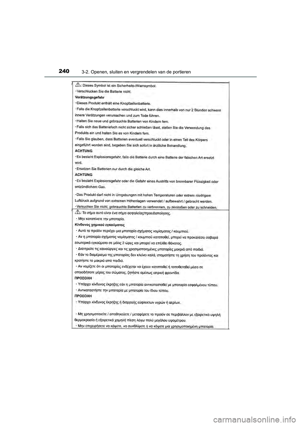 TOYOTA C-HR 2020  Instructieboekje (in Dutch) 2403-2. Openen, sluiten en vergrendelen van de portieren
C-HR_OM_Europe_OM10636E
C-HR_OM_Europe_OM10636E.book  Page 240  Thursday, August 1, 2019  2:53 PM 