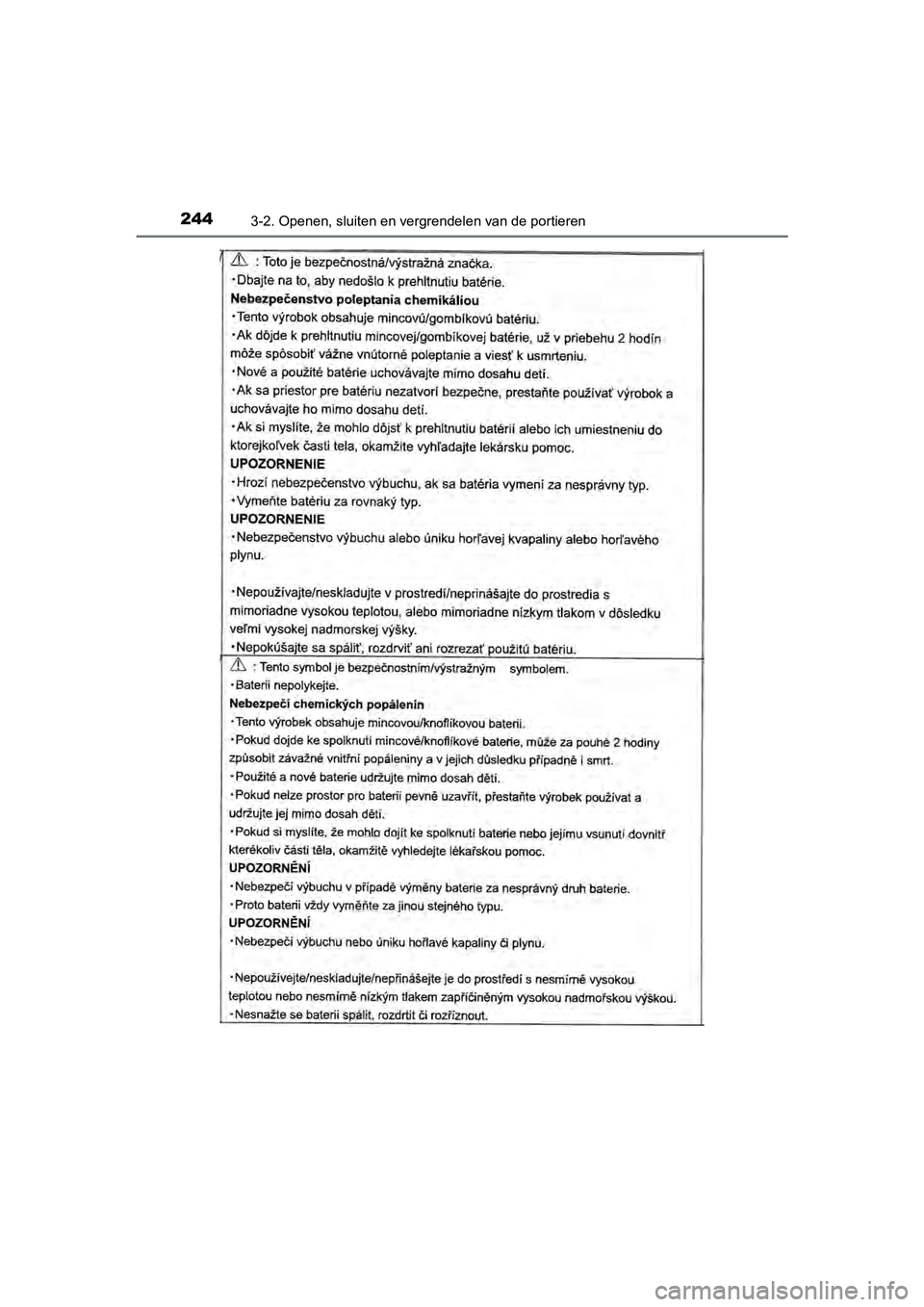 TOYOTA C-HR 2020  Instructieboekje (in Dutch) 2443-2. Openen, sluiten en vergrendelen van de portieren
C-HR_OM_Europe_OM10636E
C-HR_OM_Europe_OM10636E.book  Page 244  Thursday, August 1, 2019  2:53 PM 
