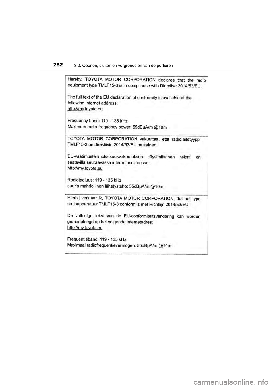 TOYOTA C-HR 2020  Instructieboekje (in Dutch) 2523-2. Openen, sluiten en vergrendelen van de portieren
C-HR_OM_Europe_OM10636E
C-HR_OM_Europe_OM10636E.book  Page 252  Thursday, August 1, 2019  2:53 PM 