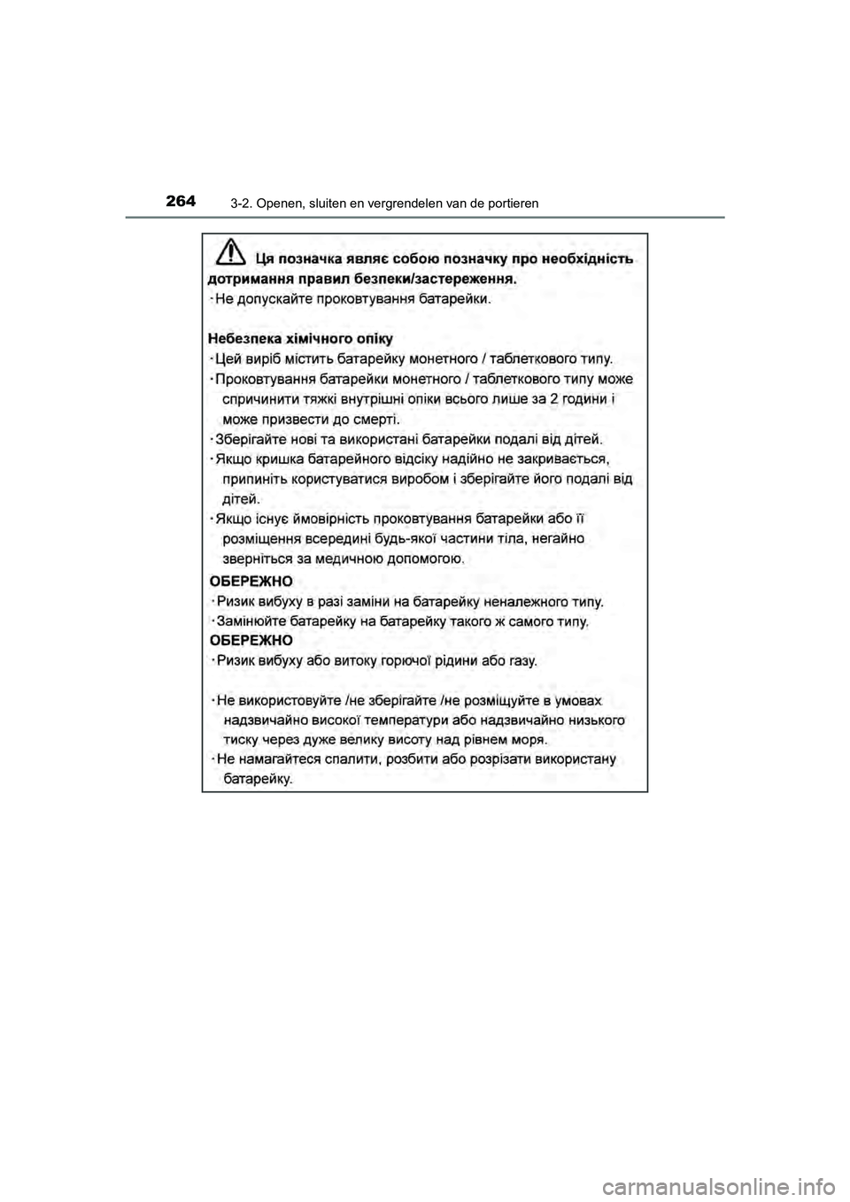 TOYOTA C-HR 2020  Instructieboekje (in Dutch) 2643-2. Openen, sluiten en vergrendelen van de portieren
C-HR_OM_Europe_OM10636E
C-HR_OM_Europe_OM10636E.book  Page 264  Thursday, August 1, 2019  2:53 PM 