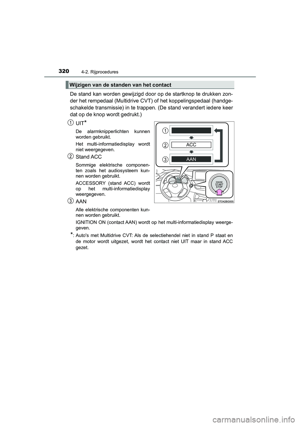 TOYOTA C-HR 2020  Instructieboekje (in Dutch) 3204-2. Rijprocedures
C-HR_OM_Europe_OM10636E
De stand kan worden gewijzigd door op de startknop te drukken zon-
der het rempedaal (Multidrive CVT ) of het koppelingspedaal (handge-
schakelde transmis