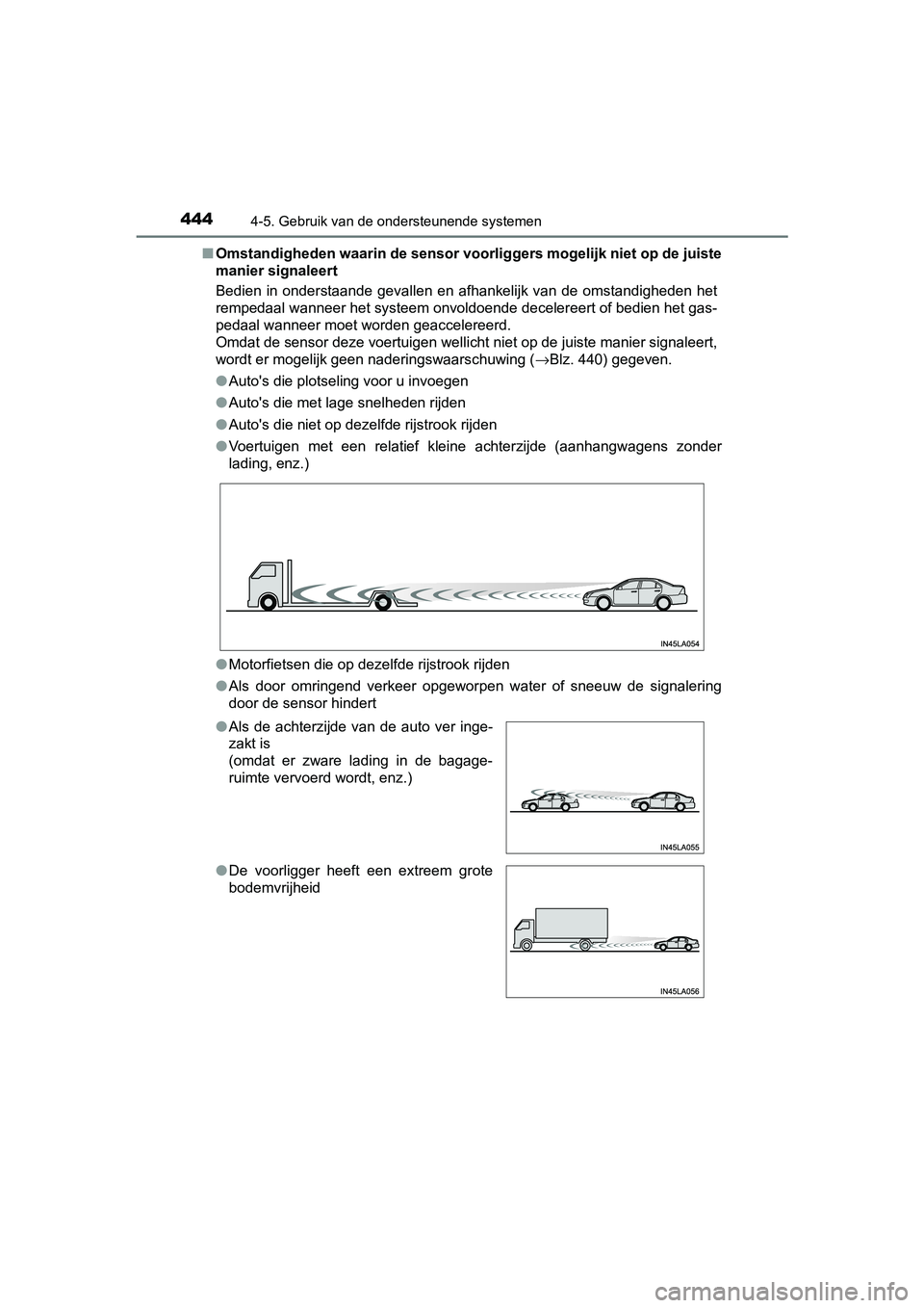 TOYOTA C-HR 2020 Instructieboekje (in Dutch) 4444-5. Gebruik van de ondersteunende systemen
C-HR_OM_Europe_OM10636E■
Omstandigheden waarin de sensor voorliggers mogelijk niet op de juiste
manier signaleert
Bedien in onderstaande gevallen TOYOTA C-HR 2020 Instructieboekje (in Dutch) 4444-5. Gebruik van de ondersteunende systemen
C-HR_OM_Europe_OM10636E■
Omstandigheden waarin de sensor voorliggers mogelijk niet op de juiste
manier signaleert
Bedien in onderstaande gevallen