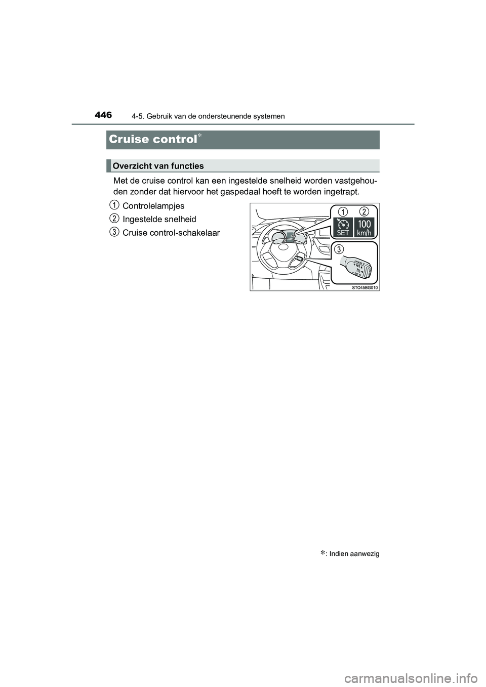 TOYOTA C-HR 2020 Instructieboekje (in Dutch) 4464-5. Gebruik van de ondersteunende systemen
C-HR_OM_Europe_OM10636E
Cruise control∗
Met de cruise control kan een ingestelde snelheid worden vastgehou-
den zonder dat hiervoor het gas pedaal hoef TOYOTA C-HR 2020 Instructieboekje (in Dutch) 4464-5. Gebruik van de ondersteunende systemen
C-HR_OM_Europe_OM10636E
Cruise control∗
Met de cruise control kan een ingestelde snelheid worden vastgehou-
den zonder dat hiervoor het gas pedaal hoef
