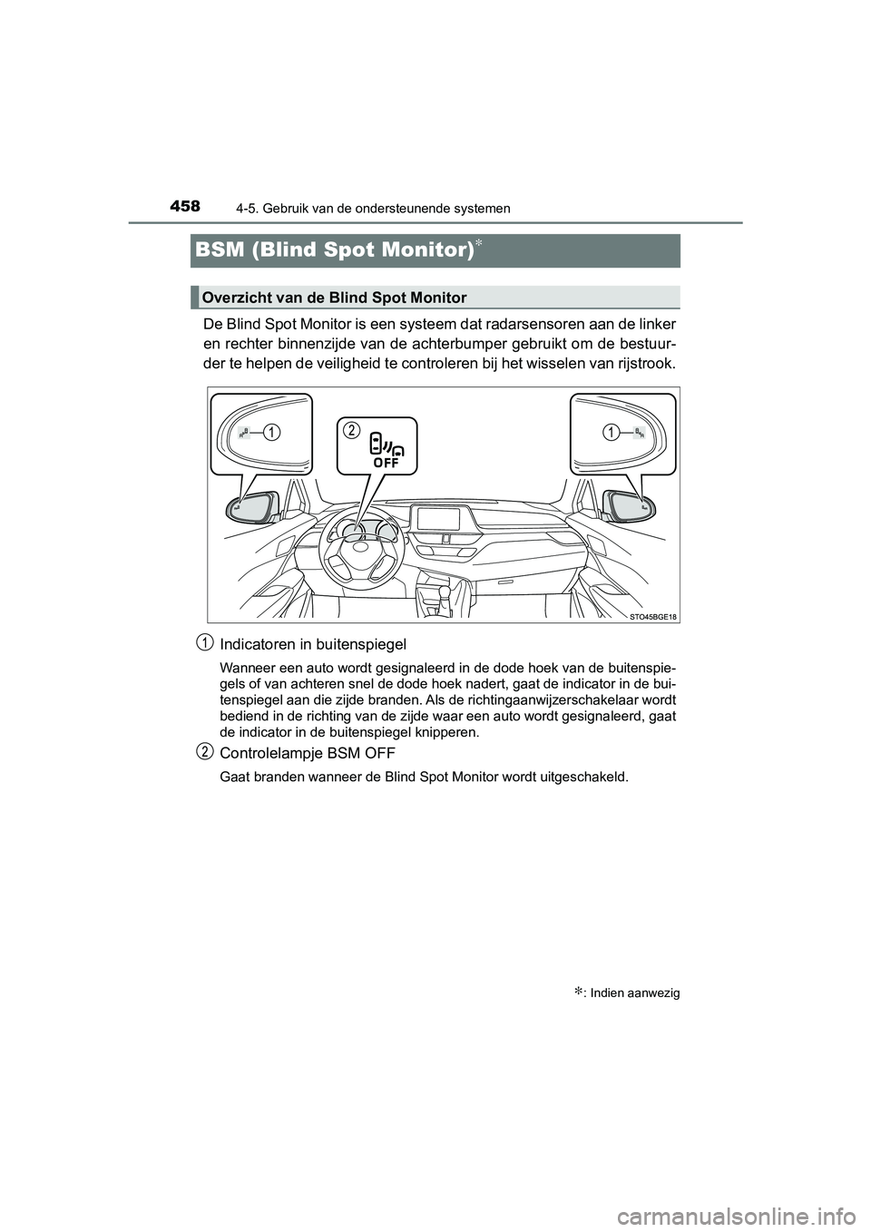 TOYOTA C-HR 2020 Instructieboekje (in Dutch) 4584-5. Gebruik van de ondersteunende systemen
C-HR_OM_Europe_OM10636E
BSM (Blind Spot Monitor)∗
De Blind Spot Monitor is een systeem dat radarsensoren aan de linker
en rechter binnenzijde van de a TOYOTA C-HR 2020 Instructieboekje (in Dutch) 4584-5. Gebruik van de ondersteunende systemen
C-HR_OM_Europe_OM10636E
BSM (Blind Spot Monitor)∗
De Blind Spot Monitor is een systeem dat radarsensoren aan de linker
en rechter binnenzijde van de a