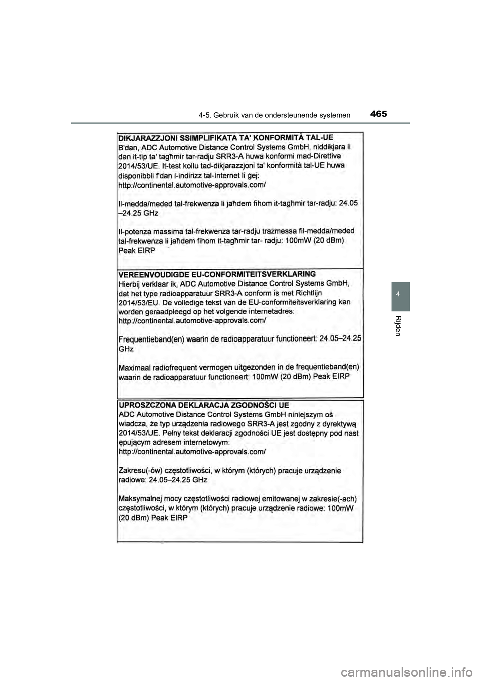 TOYOTA C-HR 2020  Instructieboekje (in Dutch) 4654-5. Gebruik van de ondersteunende systemen
4
Rijden
C-HR_OM_Europe_OM10636E
C-HR_OM_Europe_OM10636E.book  Page 465  Thursday, August 1, 2019  2:53 PM 