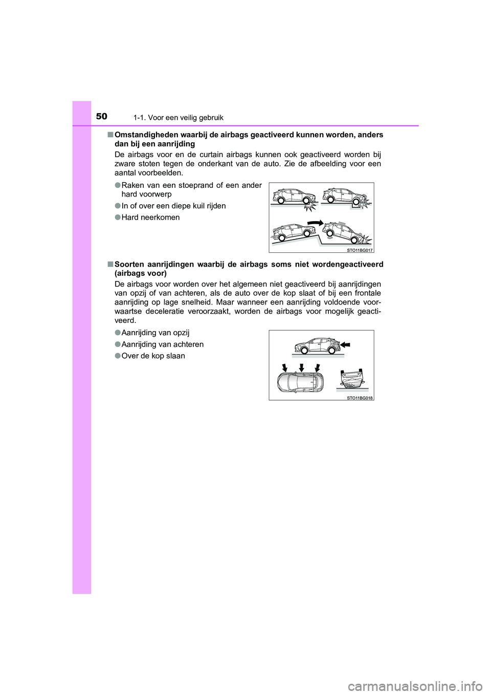 TOYOTA C-HR 2020  Instructieboekje (in Dutch) 501-1. Voor een veilig gebruik
C-HR_OM_Europe_OM10636E■
Omstandigheden waarbij de airba gs geactiveerd kunnen worden, an ders
dan bij een aanrijding 
De  airbags  voor  en  de  curtain  airbags  kun