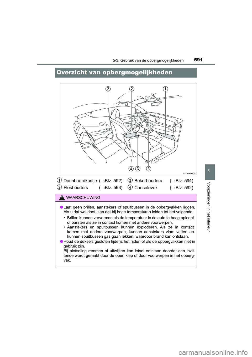 TOYOTA C-HR 2020 Instructieboekje (in Dutch) 5915-3. Gebruik van de opbergmogelijkheden
5
Voorzieningen in het interieur
C-HR_OM_Europe_OM10636E
Overzicht van opber gmogelijkheden
Dashboardkastje (→Blz. 592)
Fleshouders ( →Blz. 593) Bekerho TOYOTA C-HR 2020 Instructieboekje (in Dutch) 5915-3. Gebruik van de opbergmogelijkheden
5
Voorzieningen in het interieur
C-HR_OM_Europe_OM10636E
Overzicht van opber gmogelijkheden
Dashboardkastje (→Blz. 592)
Fleshouders ( →Blz. 593) Bekerho
