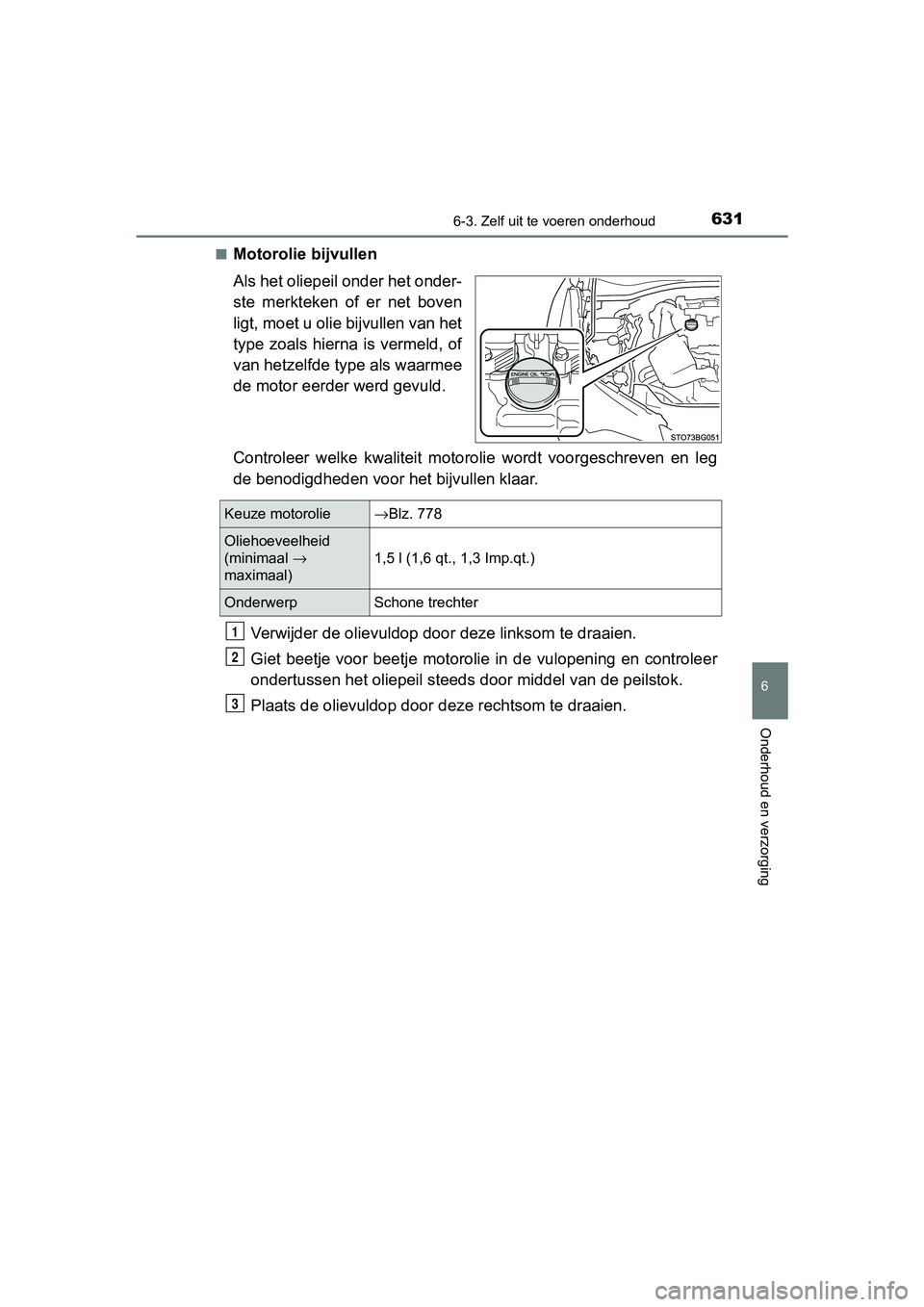TOYOTA C-HR 2020  Instructieboekje (in Dutch) 6316-3. Zelf uit te voeren onderhoud
6
Onderhoud en verzorging
C-HR_OM_Europe_OM10636E■
Motorolie bijvullen
Als het oliepeil onder het onder-
ste  merkteken  of  er  net  boven
ligt, moet u olie bij