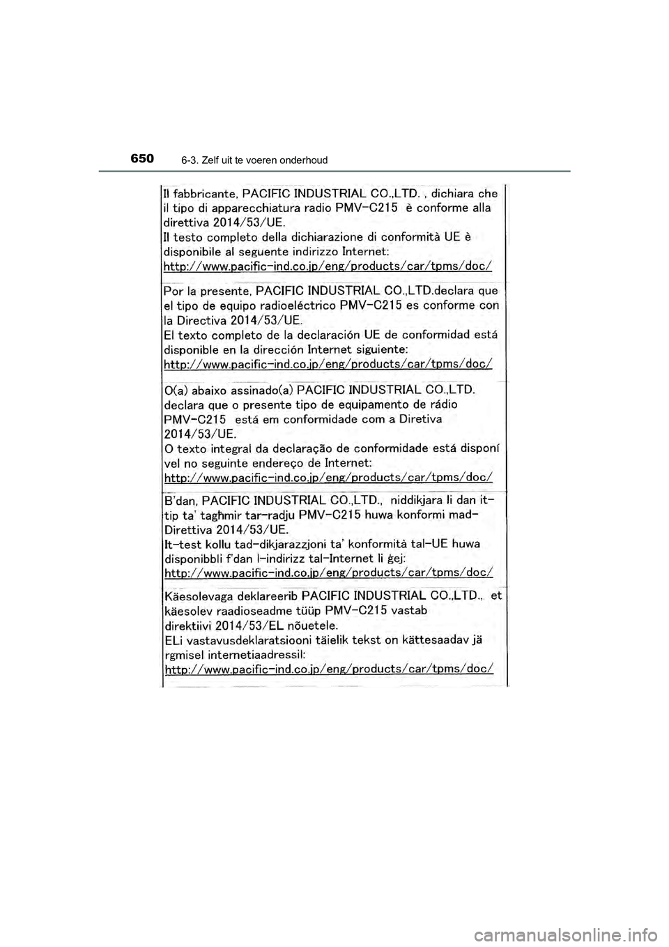 TOYOTA C-HR 2020 Instructieboekje (in Dutch) 6506-3. Zelf uit te voeren onderhoud
C-HR_OM_Europe_OM10636E
C-HR_OM_Europe_OM10636E.book Page 650 Thursday, August 1, 2019 2:53 PM TOYOTA C-HR 2020 Instructieboekje (in Dutch) 6506-3. Zelf uit te voeren onderhoud
C-HR_OM_Europe_OM10636E
C-HR_OM_Europe_OM10636E.book Page 650 Thursday, August 1, 2019 2:53 PM