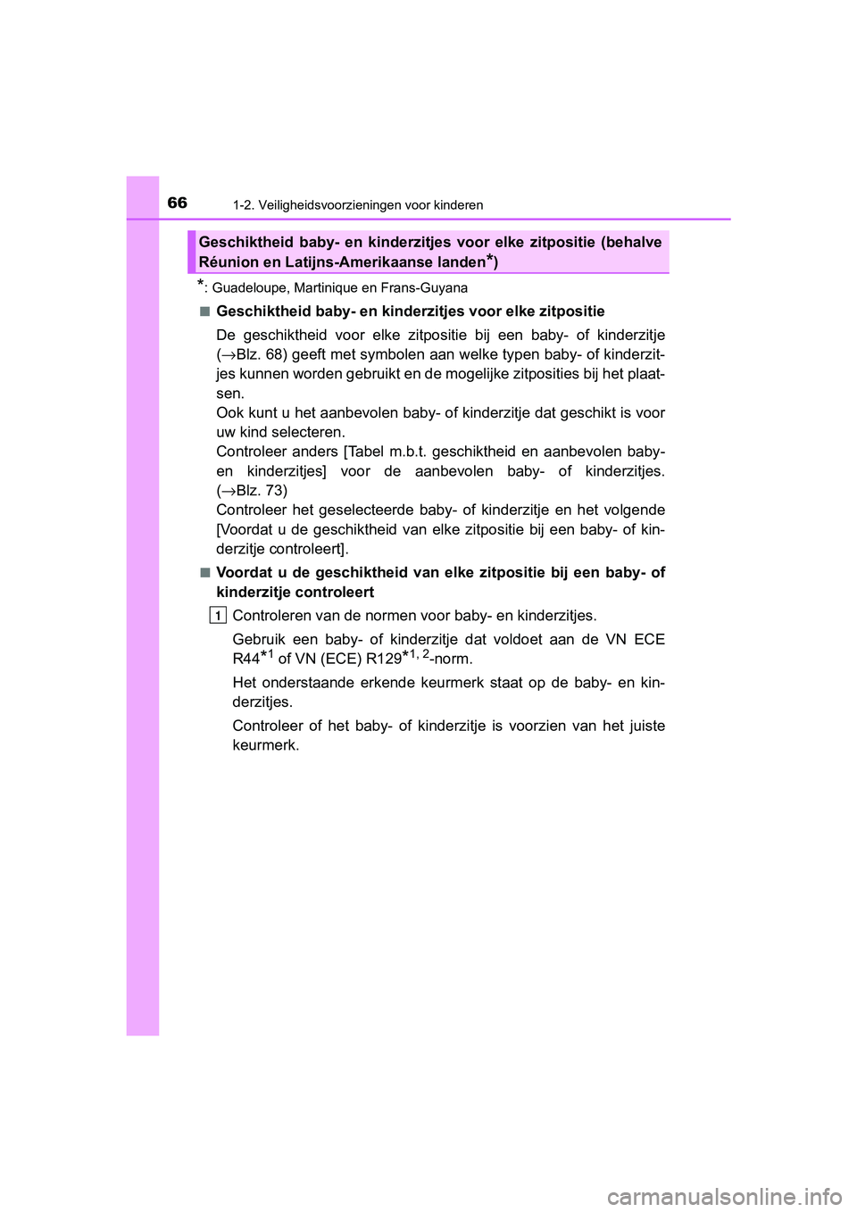 TOYOTA C-HR 2020  Instructieboekje (in Dutch) 661-2. Veiligheidsvoorzieningen voor kinderen
C-HR_OM_Europe_OM10636E
*: Guadeloupe, Martinique en Frans-Guyana
■
Geschiktheid baby- en kinderz itjes voor elke zitpositie
De  geschiktheid  voor  elk