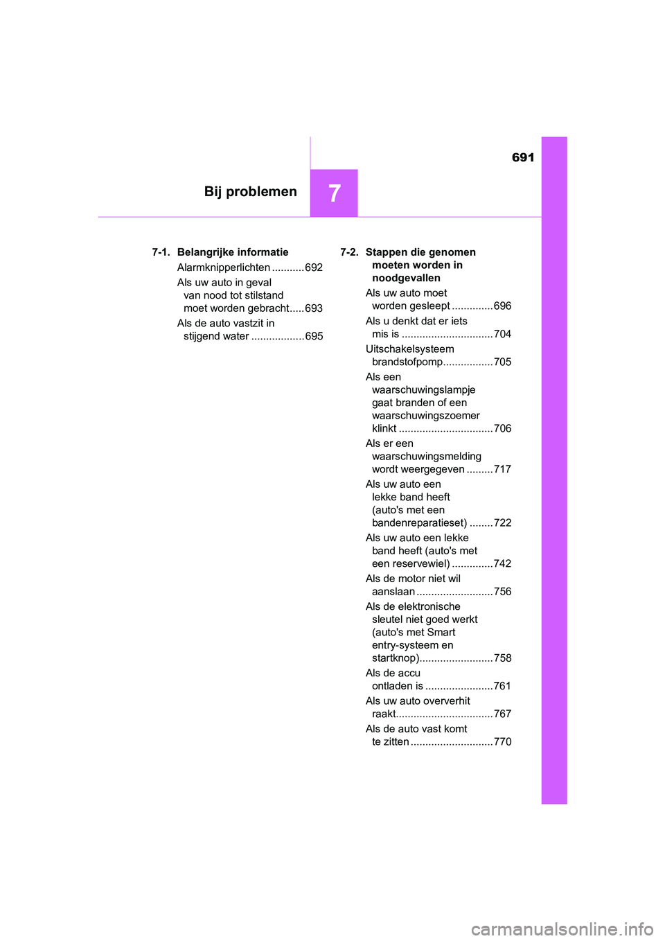 TOYOTA C-HR 2020 Instructieboekje (in Dutch) 691
7Bij problemen
C-HR_OM_Europe_OM10636E7-1. Belangrijke informatie
Alarmknipperlichten ........... 692
Als uw auto in geval van nood tot stilstand
moet worden gebracht ..... 693
Als de auto vastzi TOYOTA C-HR 2020 Instructieboekje (in Dutch) 691
7Bij problemen
C-HR_OM_Europe_OM10636E7-1. Belangrijke informatie
Alarmknipperlichten ........... 692
Als uw auto in geval van nood tot stilstand
moet worden gebracht ..... 693
Als de auto vastzi