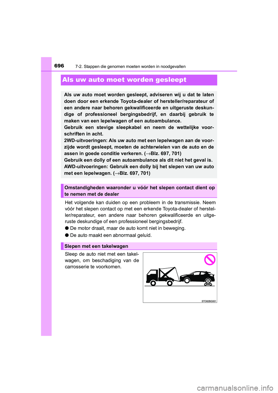 TOYOTA C-HR 2020 Instructieboekje (in Dutch) 6967-2. Stappen die genomen moeten worden in noodgevallen
C-HR_OM_Europe_OM10636E
Als uw auto moet worden gesleept
Het volgende kan duiden op een probleem in de transmissie. Neem
vóór het TOYOTA C-HR 2020 Instructieboekje (in Dutch) 6967-2. Stappen die genomen moeten worden in noodgevallen
C-HR_OM_Europe_OM10636E
Als uw auto moet worden gesleept
Het volgende kan duiden op een probleem in de transmissie. Neem
vóór het