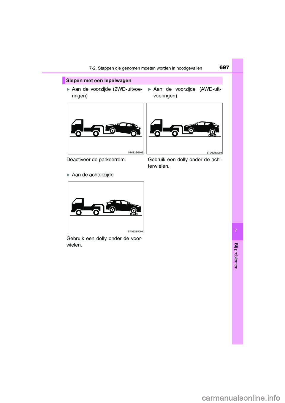 TOYOTA C-HR 2020 Instructieboekje (in Dutch) 6977-2. Stappen die genomen moeten worden in noodgevallen
7
Bij problemen
C-HR_OM_Europe_OM10636E
Slepen met een lepelwagen
Aan de voorzijde (2WD-uitvoe-
ringen)Aan de voorzijde (AWD-uit-
TOYOTA C-HR 2020 Instructieboekje (in Dutch) 6977-2. Stappen die genomen moeten worden in noodgevallen
7
Bij problemen
C-HR_OM_Europe_OM10636E
Slepen met een lepelwagen
Aan de voorzijde (2WD-uitvoe-
ringen)Aan de voorzijde (AWD-uit-