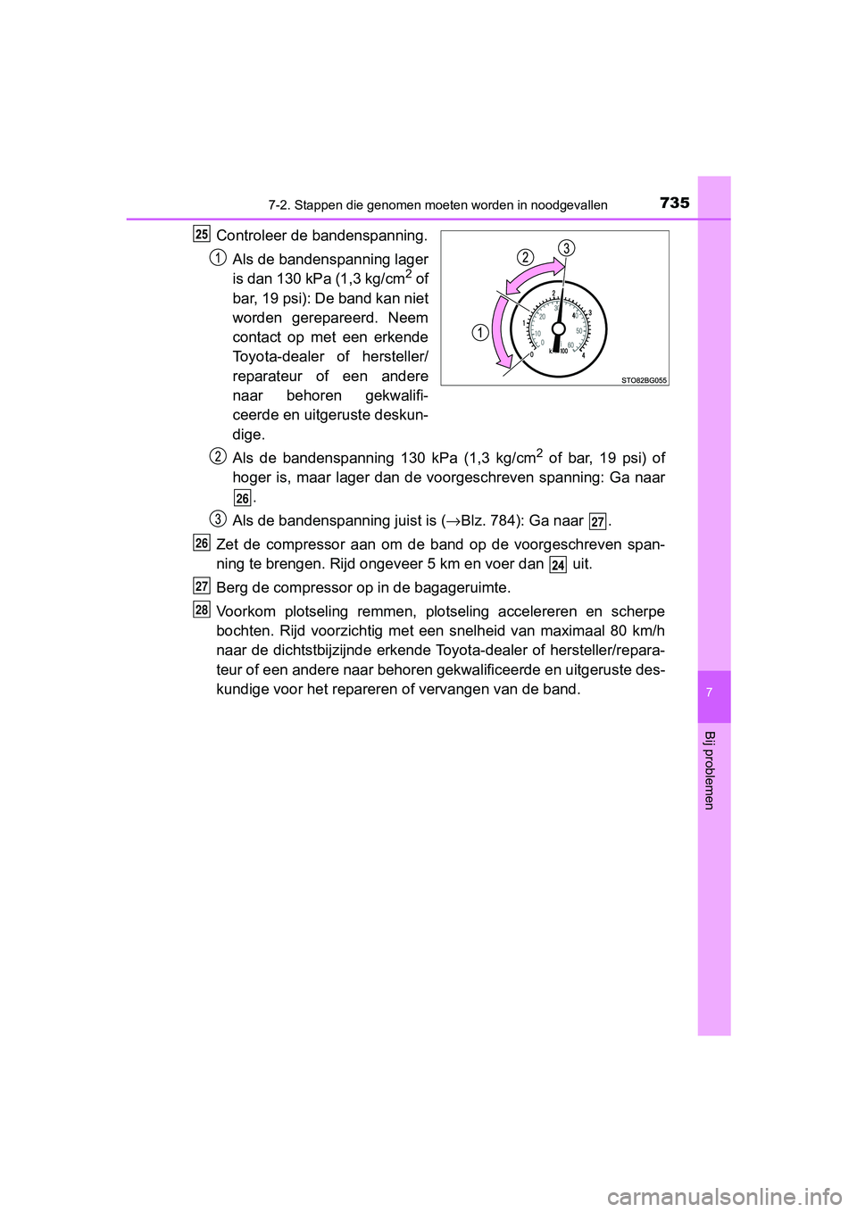 TOYOTA C-HR 2020  Instructieboekje (in Dutch) 7357-2. Stappen die genomen moeten worden in noodgevallen
7
Bij problemen
C-HR_OM_Europe_OM10636E
Controleer de bandenspanning.
Als de bandenspanning lager
is dan 130 kPa (1,3 kg/cm
2 of
bar, 19 psi):