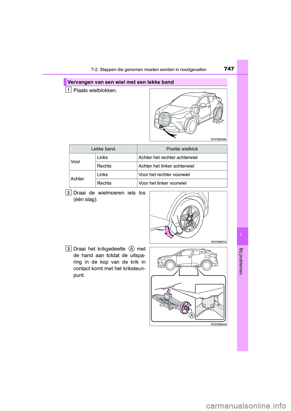 TOYOTA C-HR 2020 Instructieboekje (in Dutch) 7477-2. Stappen die genomen moeten worden in noodgevallen
7
Bij problemen
C-HR_OM_Europe_OM10636E
Plaats wielblokken.
Draai de wielmoeren iets los
(één slag).
Draai het krikgedeelte met
de TOYOTA C-HR 2020 Instructieboekje (in Dutch) 7477-2. Stappen die genomen moeten worden in noodgevallen
7
Bij problemen
C-HR_OM_Europe_OM10636E
Plaats wielblokken.
Draai de wielmoeren iets los
(één slag).
Draai het krikgedeelte met
de