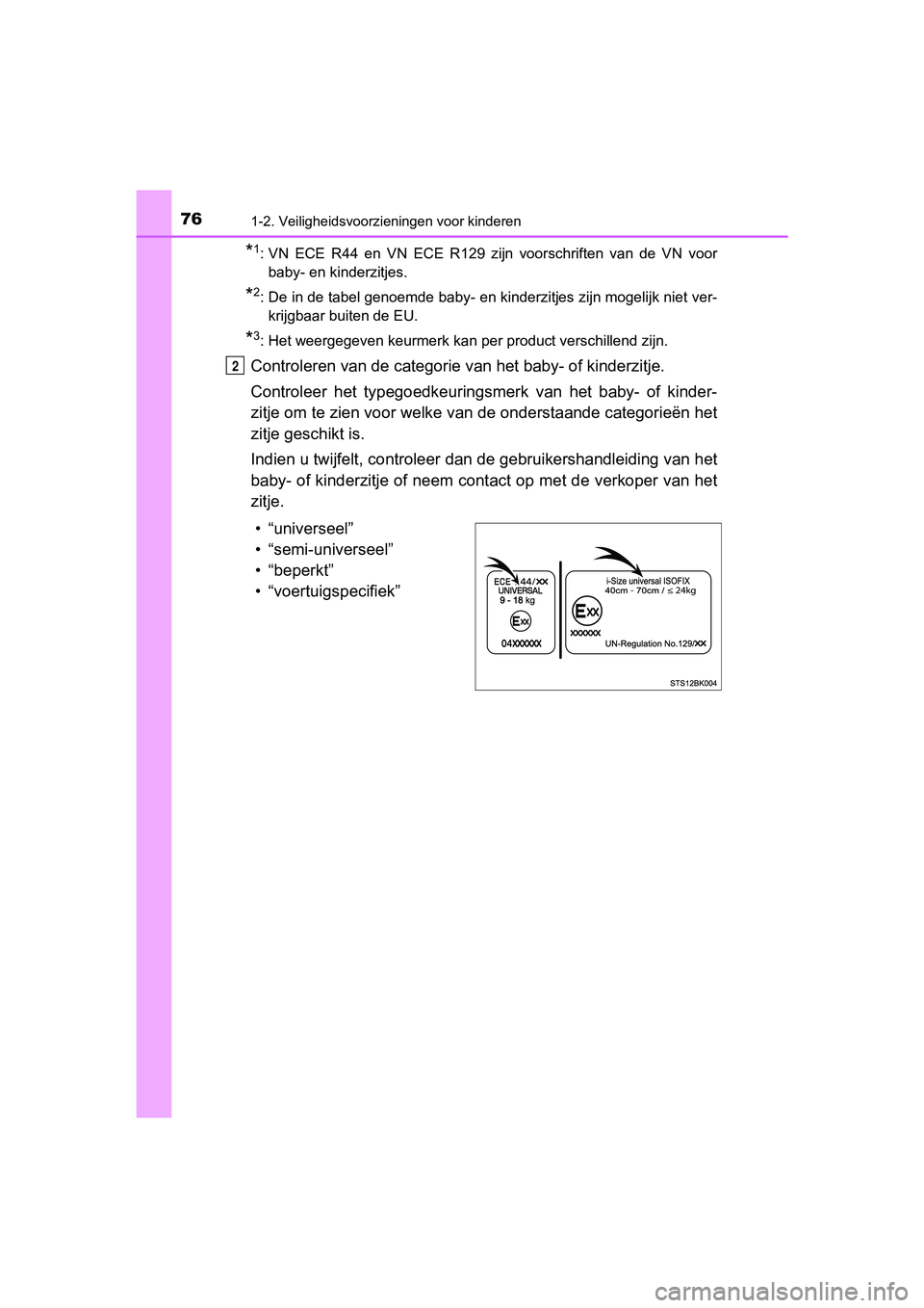 TOYOTA C-HR 2020 Instructieboekje (in Dutch) 761-2. Veiligheidsvoorzieningen voor kinderen
C-HR_OM_Europe_OM10636E
*1: VN ECE R44 en VN ECE R129 zijn voorschriften van de VN voorbaby- en kinderzitjes.
*2: De in de tabel genoemde baby TOYOTA C-HR 2020 Instructieboekje (in Dutch) 761-2. Veiligheidsvoorzieningen voor kinderen
C-HR_OM_Europe_OM10636E
*1: VN ECE R44 en VN ECE R129 zijn voorschriften van de VN voorbaby- en kinderzitjes.
*2: De in de tabel genoemde baby
